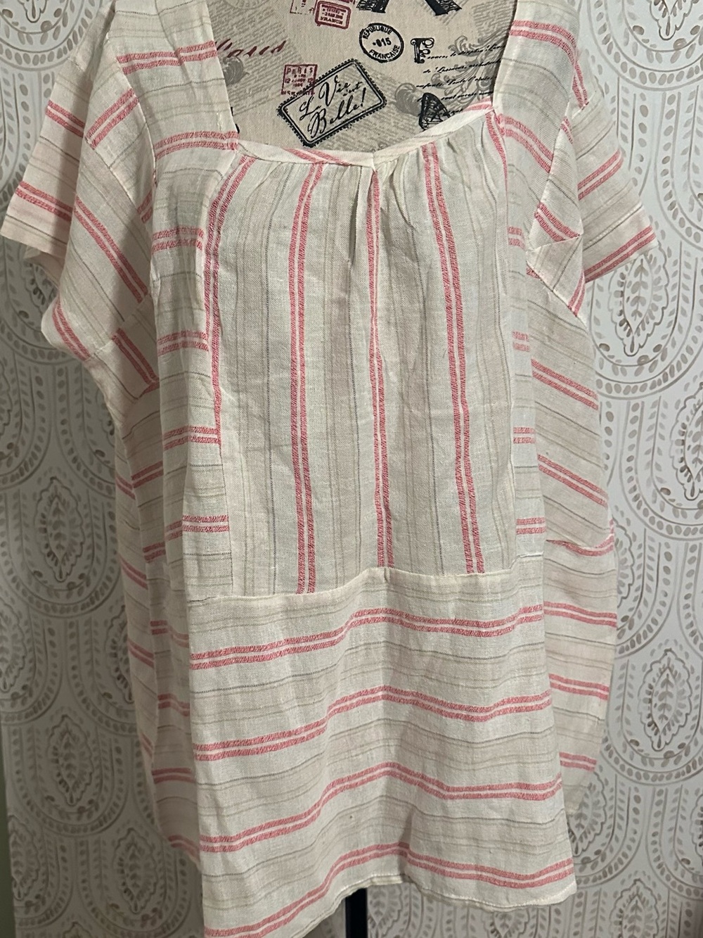 easel Cream Top with Pink Stripes and Peasant Neck